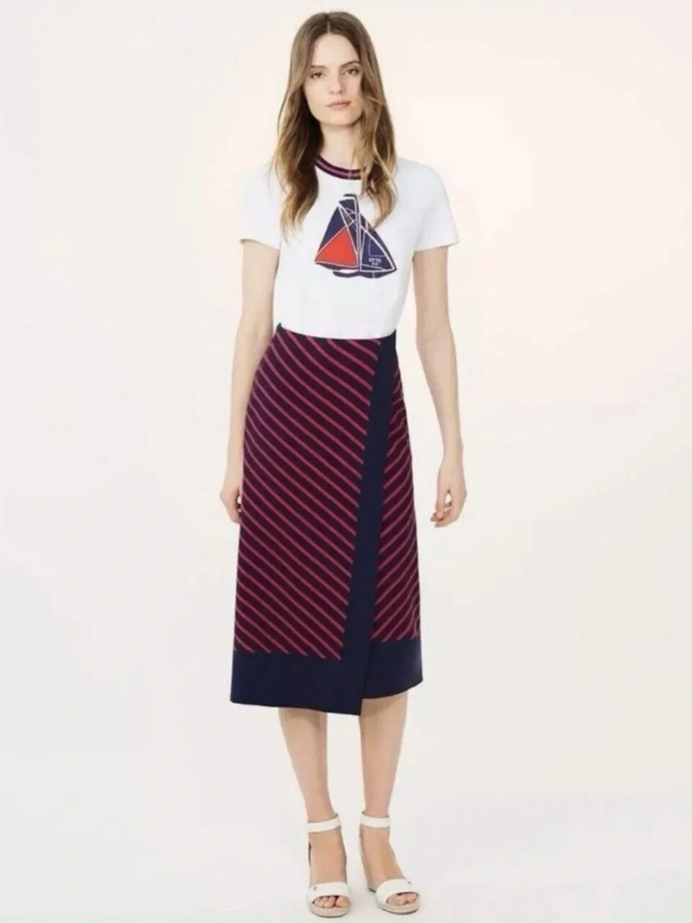 Tory Burch Anya‎ Knit Faux Wrap Medium Navy Blue Nantucket Red A-Line Midi Skirt
